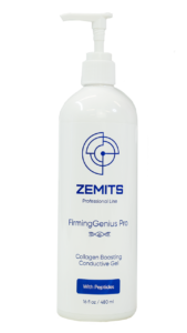 White bottle of Zemits FirmingGenius Pro, a collagen boosting conductive gel, featuring a pump top and a blue circular logo. Contains 16 fl oz (480 ml).