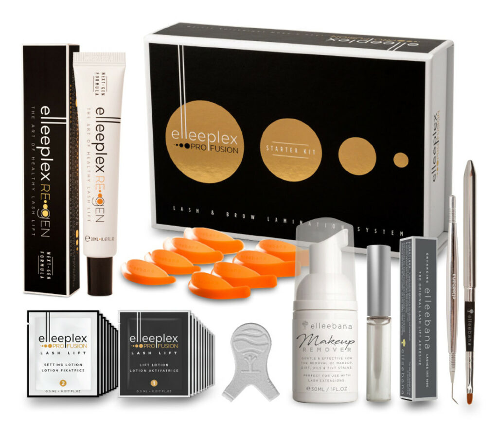 Elleebana's elleplex profusion lash and brow lamination starter kit displayed with various product components including tubes, brushes, and application tools.